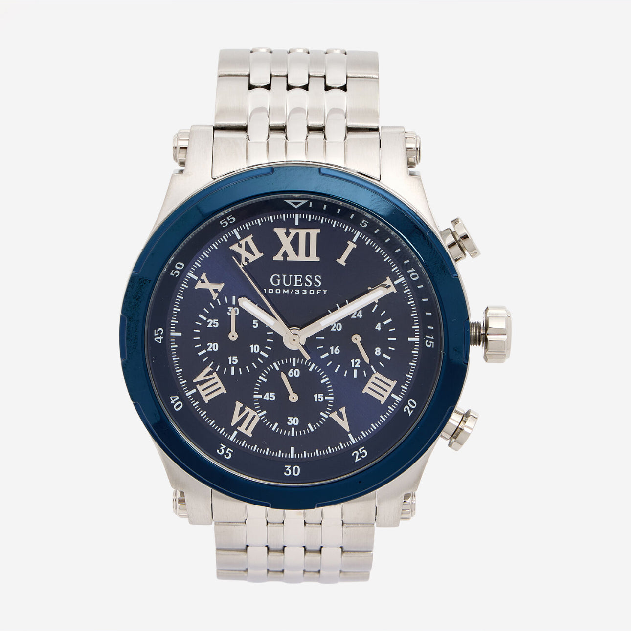 GUESS Silver Tone & Blue Anchor Chronograph Watch – Limited Edition Nautical Elegance
