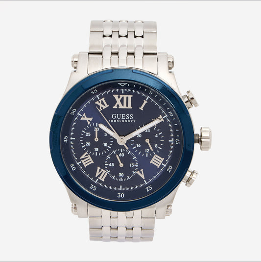 GUESS Silver Tone & Blue Anchor Chronograph Watch – Limited Edition Nautical Elegance