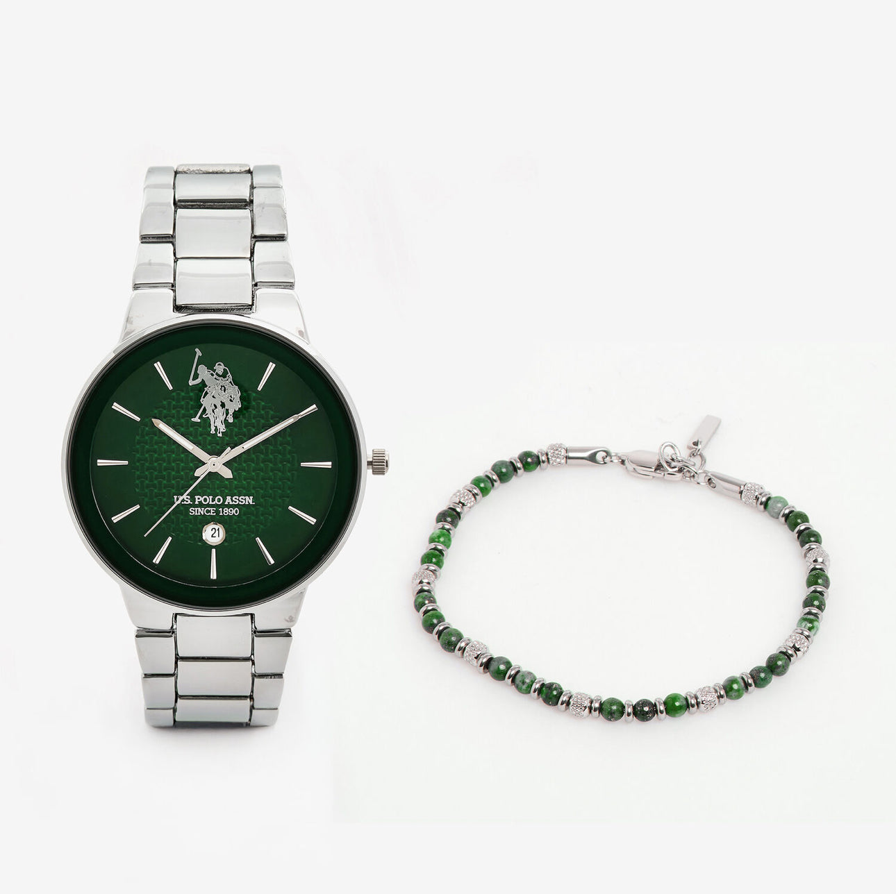 US Polo Assn Silver Tone & Green Loagn Jewellery Set – Limited Edition Modern Refinement