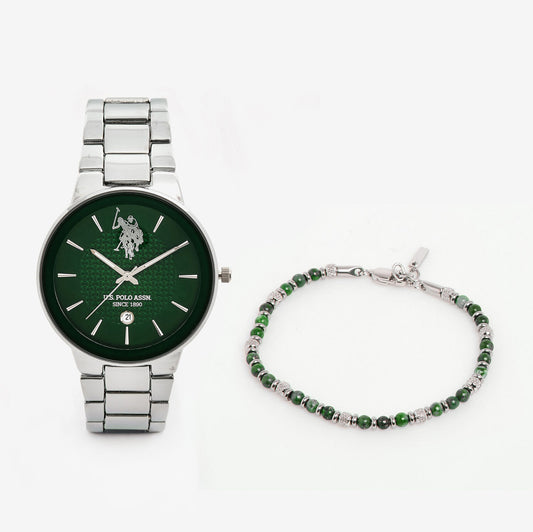 US Polo Assn Silver Tone & Green Loagn Jewellery Set – Limited Edition Modern Refinement