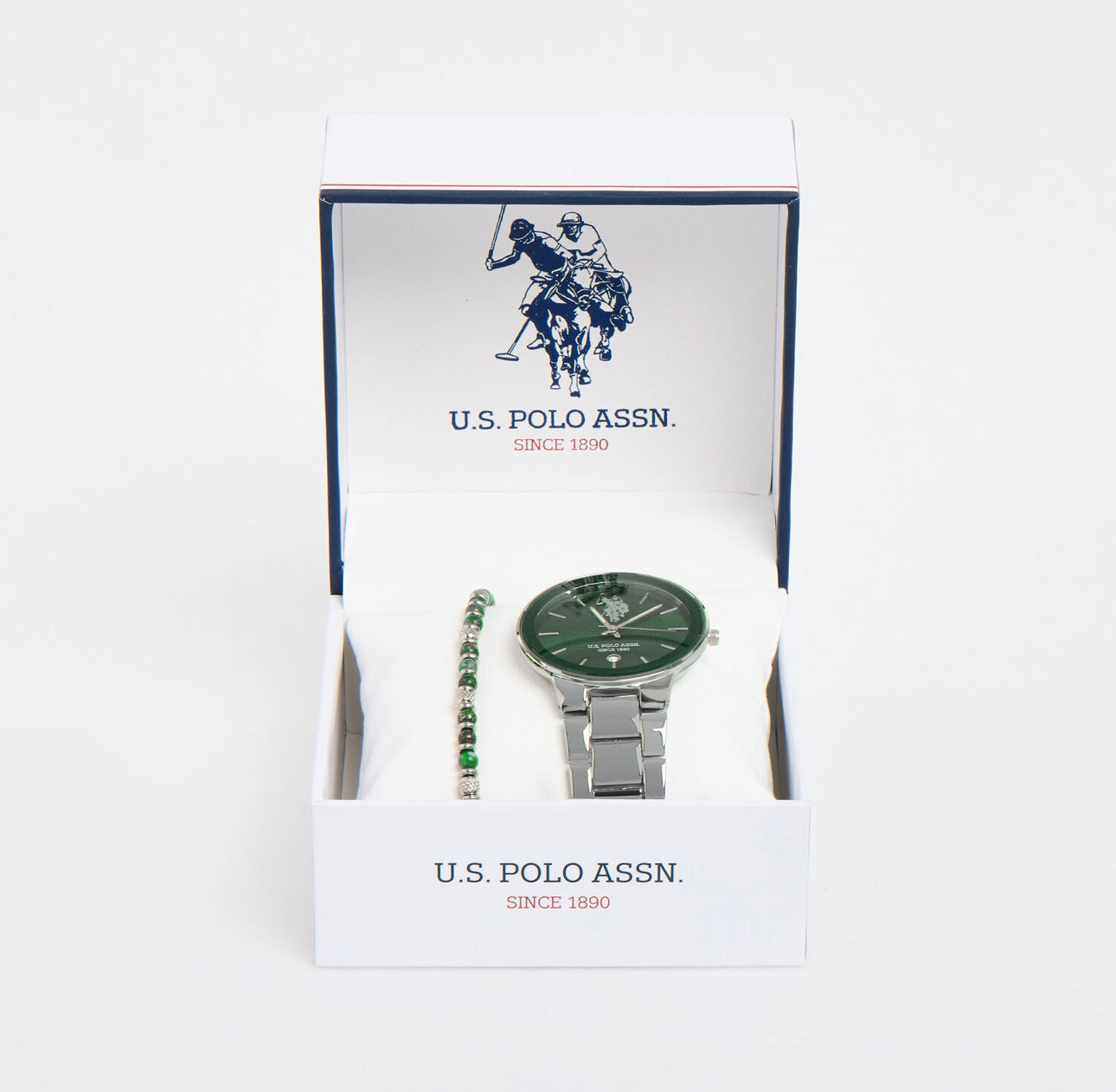 US Polo Assn Silver Tone & Green Loagn Jewellery Set – Limited Edition Modern Refinement